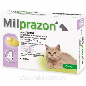 Таблетки для кішок і кошенят масою до 2 кг  KRKA Milprazon, проти глистів, 4 мг/10мг №4