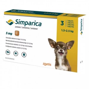 Жувальні таблетки для собак вагою 1,3-2,5кг  Simparica від бліх і кліщів, 5 мг