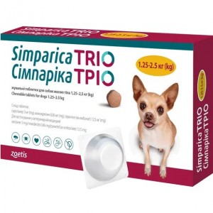 Жувальні таблетки для собак вагою 1,25-2,5 кг  Simparica Trio від бліх і кліщів
