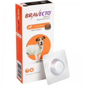 Жувальна таблетка для собак вагою 4,5-10кг  Bravecto від бліх і кліщів, 250мг