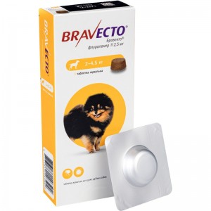 Жевательная таблетка для собак весом 2-4,5кг Bravecto от блох и клещей, 112,5мг