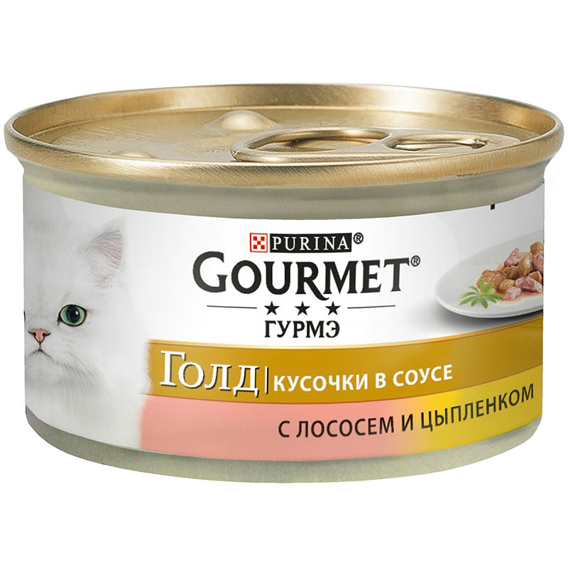 Вологий корм для котів Purina Gourmet Gold з лососем і курчам шматочки в соусі 85г - 1