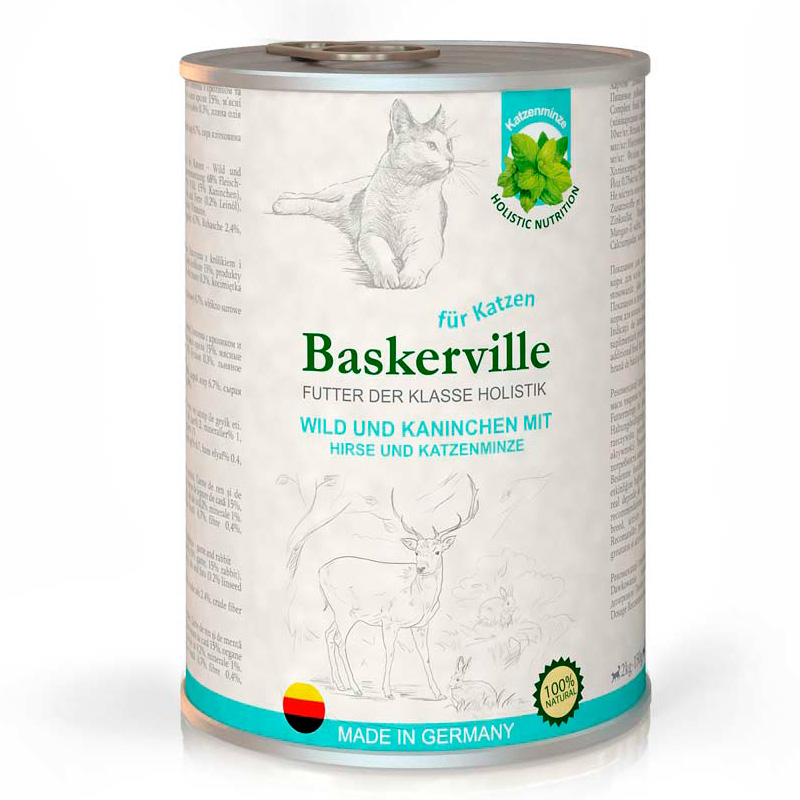 Вологий корм для котів Baskerville Super Premium Оленина з кроликом і котячої мятою 400г - 1