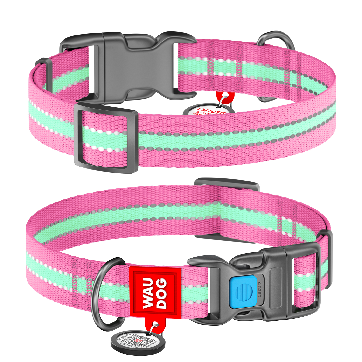 Нашийник для собак Collar Waudog Nylon світлонакопичувальний, рожевий, 24-40см, 20мм - 1