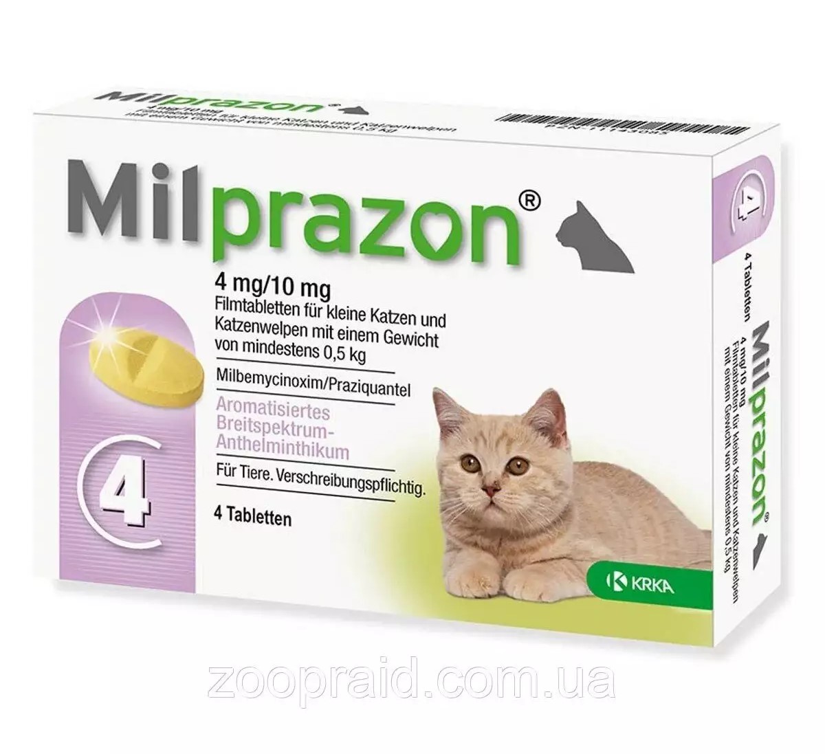 Таблетки для кішок і кошенят масою до 2 кг  KRKA Milprazon, проти глистів, 4 мг/10мг №4 - 1