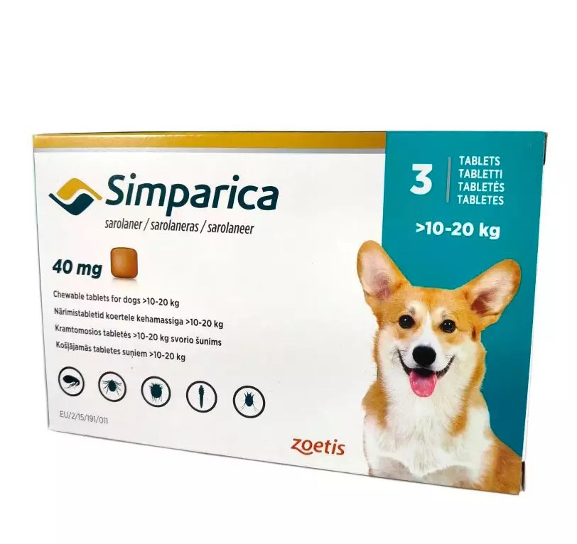 Жувальні таблетки для собак вагою 10-20 кг  Simparica від бліх і кліщів, 40 мг - 1