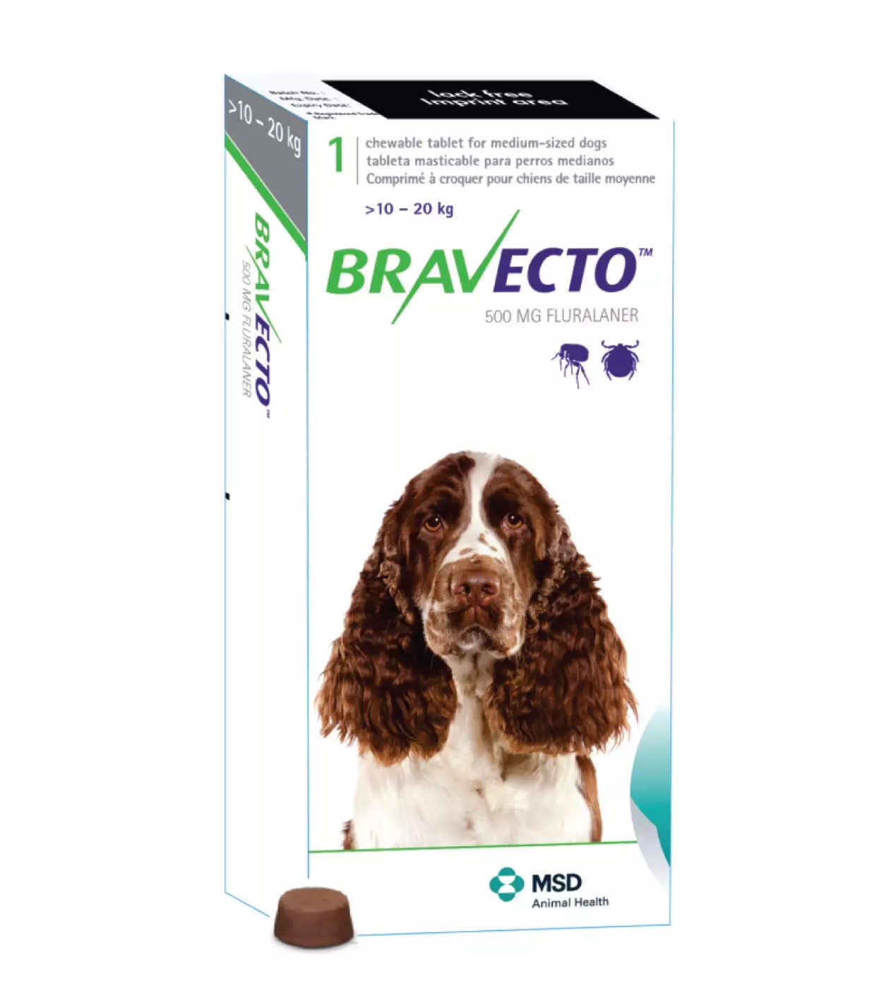 Жувальна таблетка для собак вагою 10-20кг  Bravecto від бліх і кліщів, 500мг - 3