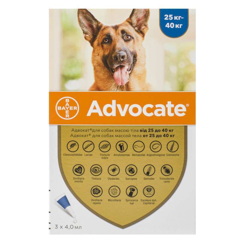 Капли для собак весом от 25-40кг Bayer Advocate против клещей, блох и комаров - 1